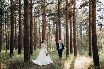 the bride and groom are walking in a pine forest