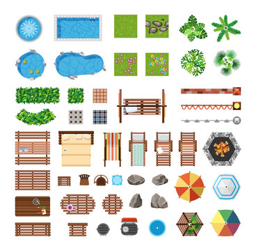 Set Of Items For Recreation On The Personal Plot. Vector Objects For Furnishing The Yard. View From Above.