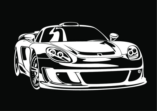 Dessin vectoriel en blanc sur fond noir d'une Porsche Carrera GT