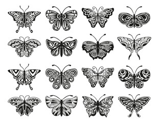 Collection of monochrome illustrations of butterflies in sketch style. Hand drawings in art ink style. Black and white graphics.