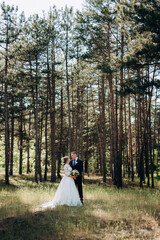 the bride and groom are walking in a pine forest