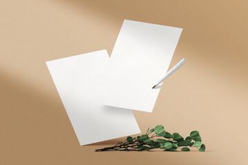 Clean minimal paper A4 mockup floating with pen and leaves