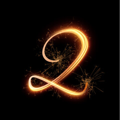 Golden fireworks shiny festive vector number 2 on black background
