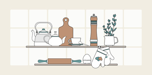 Kitchen interior concept vector isolated. Modern minimalist kitchen shelves, white tiles. Kitchenware utensils cutlery home restaurant. Line illustration banner flayer. Retro cooking tools appliances