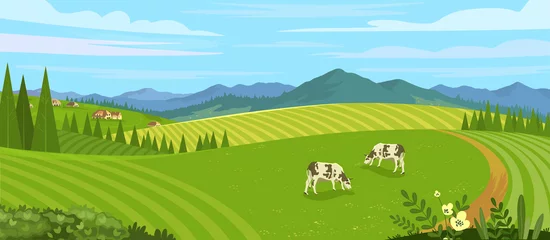 Washable wall murals Pool Rural landscape with field, trees, grass and cows. Ecologically clean area with blue sky and clouds. Village in the summer. Vector stock flat style illustration or background for eco products, banner.