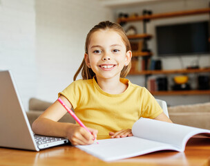 child laptop computer technology home girl education homework kid learning internet childhood student sitting connection using online