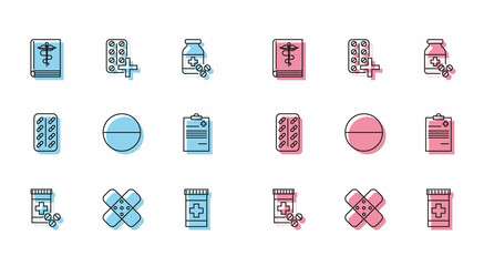 Set line Medicine bottle and pills, Crossed bandage plaster, Medical book, or tablet, clipboard with clinical record, Pills blister pack and icon. Vector