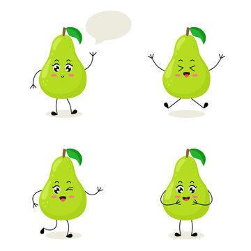 Cute set of pear character in different poses and emotion. Funny fruit character in cartoon style. Vector illustration isolated on a white background.