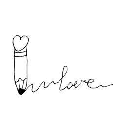 Doodle pencil with a heart on top writes the word love. Hand drawn sketch  isolated on a white background.