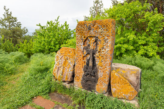 Ancient traditional carved khachkar or cross-stone installed near Sevanavank monastery. Armenian history and heritage art