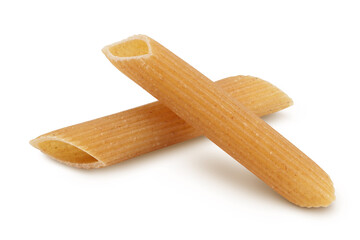 Wolegrain penne pasta from durum wheat isolated on white background with clipping path and full depth of field.