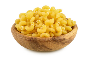 raw pasta cavatappi in wooden bowl isolated on white background with clipping path and full depth of field.