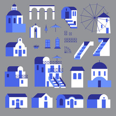 Set of isolated elements with blue-white houses, mill, church, arch, steps. Vector illustration in flat style for touristic industry - obrazy, fototapety, plakaty