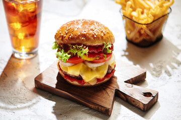 Burger with french fries and cola