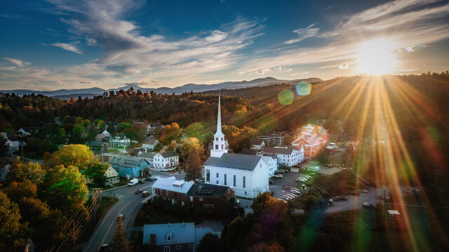 Stowe Sunflare - A drone shot from the little town of Stowe.  The sun was just setting, and my aperture of my camera was set so that I would get the sun rays beaming across the stark white church.