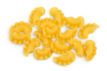 Pasta cornetti creste macaroni isolated on white background with clipping path and full depth of field. Top view. Flat lay