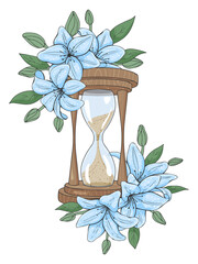 hand drawn color sketch hourglass with flowers. Vector illustration. Isolated on white. Tattoo, line art.