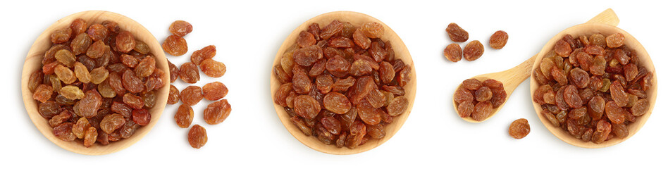 Brown raisin isolated on white background with clipping path. Top view. Flat lay. Set or collection