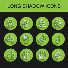 Set line Piece of puzzle, Man holding flag, Human head with lamp bulb, Users group, Target and check mark, puzzles strategy, Ringing bell and icon. Vector