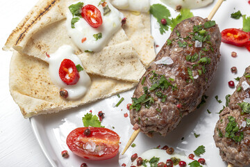 Traditional homemade kefta or kebab of meat. Halal concept. Arabic and turkish food