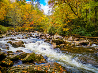 Fall color around small waterfals in the Cullasaja River in Nantahala National Forest between Franklin and Highlands North Carolina USA