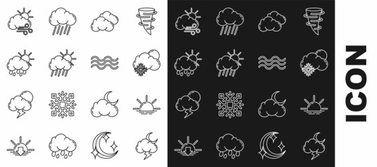 Set line Storm, Sunrise, Cloud with snow and sun, rain, Windy weather and Waves icon. Vector