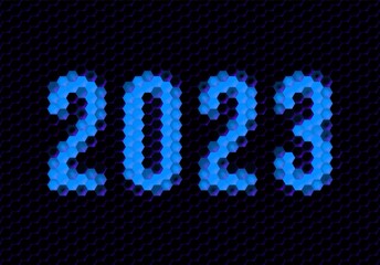 Sign of the 2023 year with hex pixel grid. New Years number or digits for holiday eve celebration card or calendar.