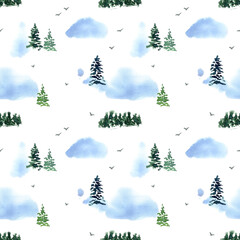 Hand painted watercolor seamless pattern Winter Forest