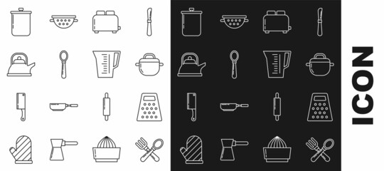 Set line Crossed fork and spoon, Grater, Cooking pot, Toaster with toasts, Spoon, Kettle handle, and Measuring cup icon. Vector