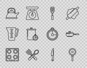 Set line Gas stove, Frying pan, Spatula, Crossed fork and spoon, Kettle with handle, Cooking pot kitchen timer, Knife and icon. Vector