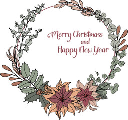 Christmas wreath with vector hand drawn Christmas tree branches, holly leaves and hanging decoration. Sketched x-mas garland on white background with text
