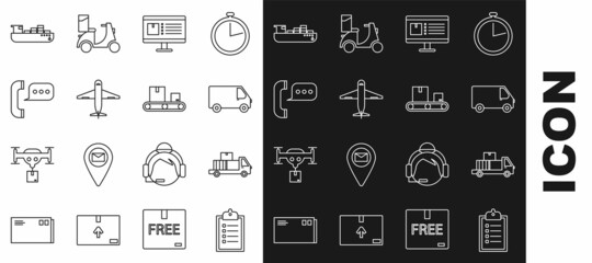 Set line Verification of delivery list clipboard, cargo vehicle, Computer monitor app tracking, Plane, Telephone speech bubble chat, Cargo ship service and Conveyor belt icon. Vector