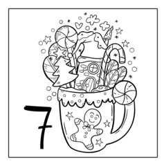 Christmas advent calendar, coloring page. 7 december illustration.
