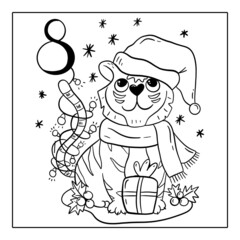 Christmas advent calendar, coloring page. 8 december illustration.
