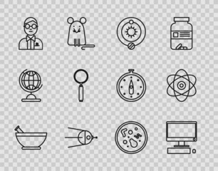 Set line Mortar and pestle, Computer monitor with keyboard mouse, Solar system, Satellite, Scientist, Magnifying glass, Bacteria and Atom icon. Vector