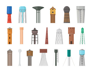 Vector collection of water towers. - obrazy, fototapety, plakaty