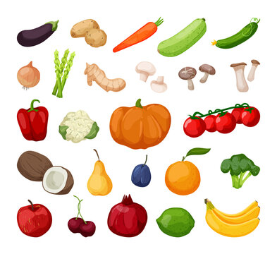Set of vegetables and fruits in a realistic style.