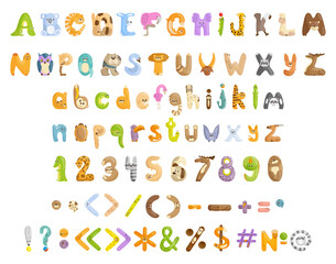 Obraz na płótnie Canvas Collection of letters, numbers and punctuation marks from animals. Colorful alphabet for children.