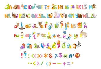 Collection of letters, numbers and punctuation marks with animals. Colorful alphabet for children.