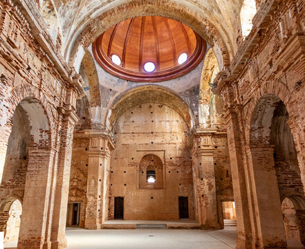 Huelva, Spain - November 5, 2021: The Unfinished Church, of neoclassical style, also known as New or Cemetery in the town of Casta&ntilde;o del Robledo, Sierra de Aracena, in Huelva mountains