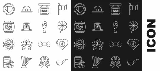 Set line Smoking pipe, Heart with four leaf clover, Four, Street signboard inscription Bar, Leprechaun hat and, Wooden barrel, Happy Saint Patrick day and Glass of beer icon. Vector