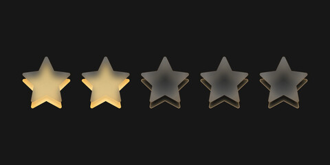 Dwie żółte gwiazdki. Szklane gwiazdki wskazujące ocenę, recenzja produktu. Osiągnięcia w grze. Koncepcja oceny od klienta na temat pracownika albo strony internetowej. Do aplikacji mobilnych.