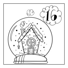 Christmas advent calendar, coloring page. 16 december illustration.