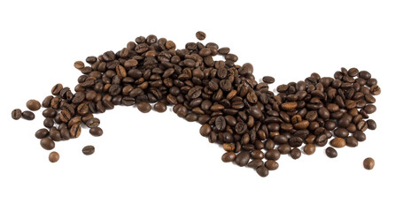 Roasted coffee beans scattered and isolated on white background close-up