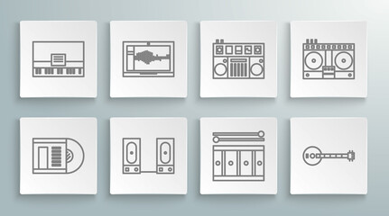 Set line Vinyl disk, Sound or audio recorder on laptop, Stereo speaker, Drum with drum sticks, Banjo, DJ remote for playing and mixing music, and Piano icon. Vector