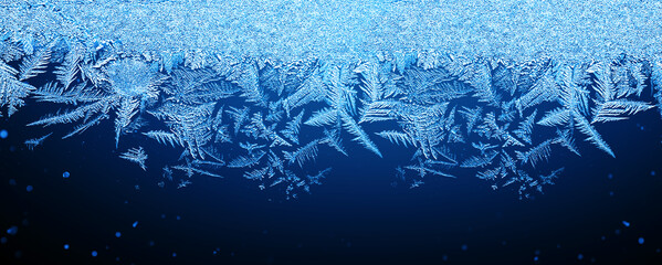 Icy, Frosty Pattern on the Window Glass. Background for Christmas and New Year. Macro. Close Up - 468224232