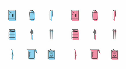 Set line Knife, Measuring cup, Refrigerator, Cookbook, Honey dipper stick, Food chopsticks, Open matchbox and matches and Salt pepper icon. Vector