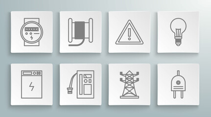 Set line Power bank, Wire electric cable on reel or drum, Battery, High voltage power pole line, Electric plug, Exclamation mark triangle, Light bulb with concept of idea and meter icon. Vector