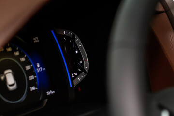 Fuel gauge close up. Car fuel dashboard details.