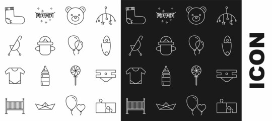 Set line Piece of puzzle, Baby absorbent diaper, Classic steel safety pin, Teddy bear plush toy, bottle, stroller, socks clothes and Balloons with ribbon icon. Vector